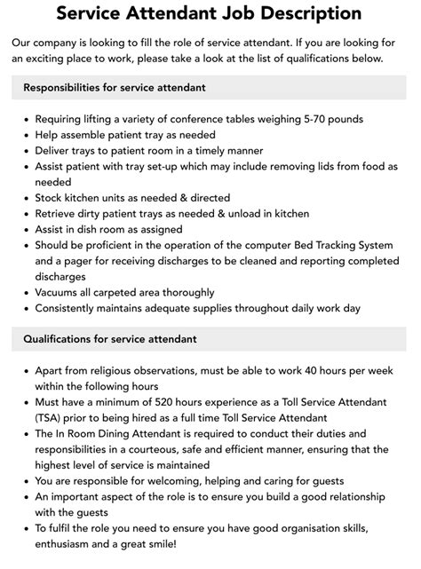 Service Attendant Job Description Velvet Jobs