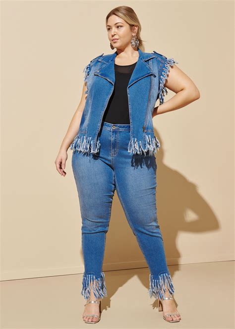 Plus Size Fringed Denim Moto Vest High Waist Skinny Jeans Set