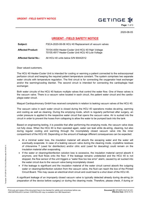 Recall Hcu Urgent Field Safety Notice Aug Replacement Of