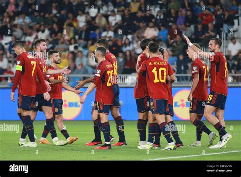 Spain players celebrate after scoring during the Euro 2024 group A