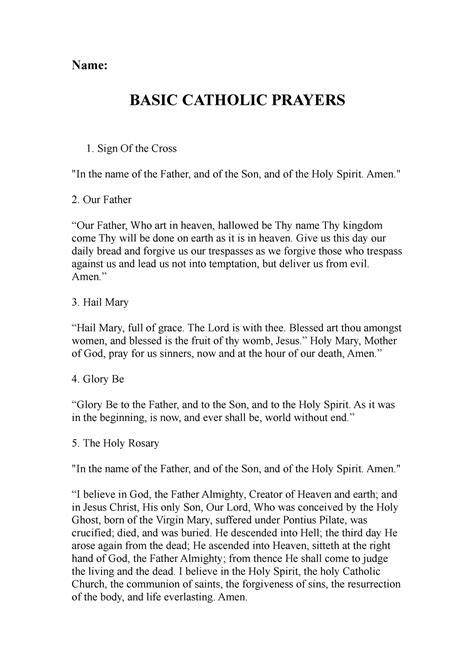 REED Basic Prayers Pleje - Name: BASIC CATHOLIC PRAYERS Sign Of the Cross "In the name of the ...