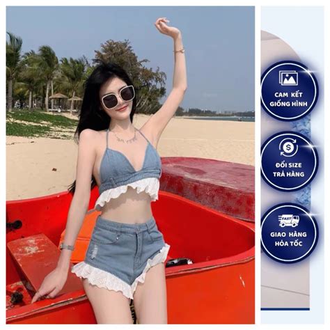 Set đi biển món áo cột nơ quần đùi chất jean phối jean set bikini denim hè phong cách hình
