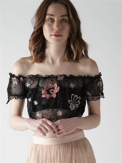 Buy Forever 21 Women Black Sheer Embroidered Crop Bardot Top Tops For Women 2436595 Myntra