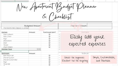 New Apartment Budget & Checklist Excel Document - Etsy