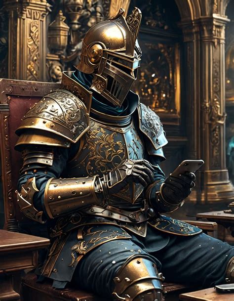 Knight In Iron Mask Looking Down At His Phone Ai Generated Artwork