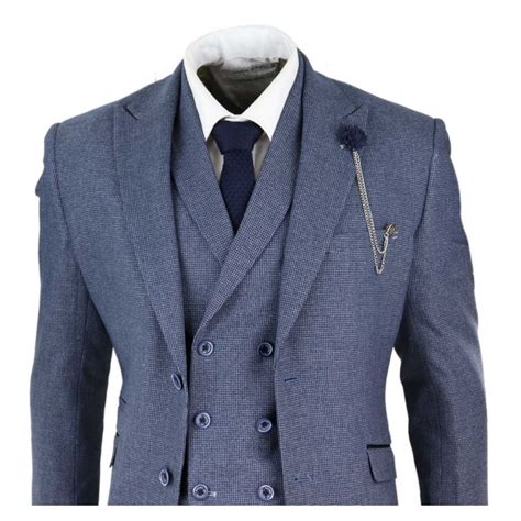 Mens Blue 3 Piece Suit With Double Breasted Waistcoat Happy Gentleman