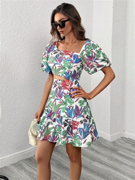 Shein Vcay Allover Print Asymmetrical Neck Puff Sleeve Ruffle Hem Dress