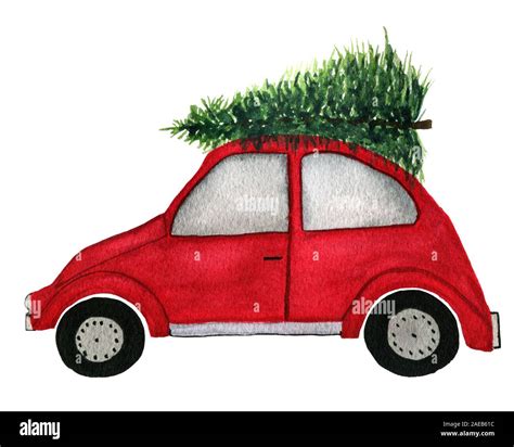 Red Car With Christmas Tree On Top Watercolor Cartoon Illustration