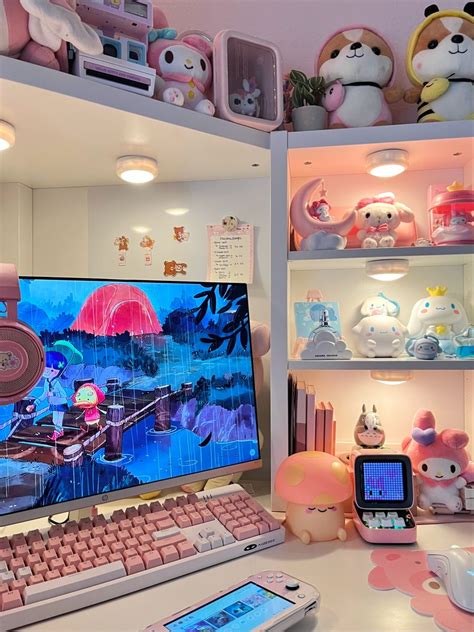 Pink desk setup with puck lights | Video game room design, Gamer room ...