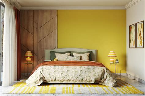 Yellow Bedroom Wall Paint Design With Wooden Panelling | Livspace