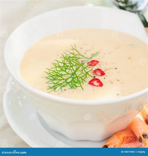 Cheese Shrimp Cream Soup In A White Bowl Stock Photo Image Of Chilli