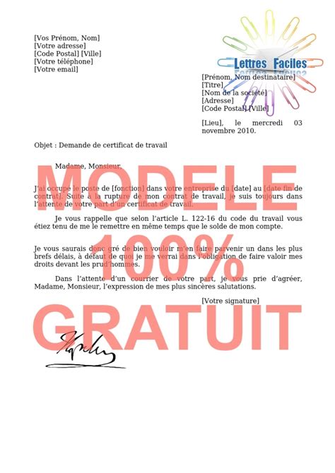 Demande Dun Certificat De Travail Modèle De Lettre Gratuit