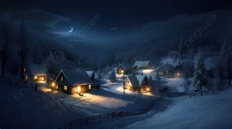 Picture Of Snow Covered Village At Night Background Christmas Night