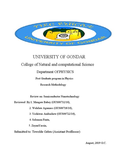 University Of Gondar College Of Natural And Computational Science Pdf Nanotechnology