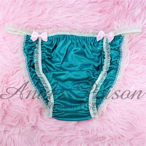 Anias Sissy Teal Green BUTTER SOFT Satin String Bikini Ruffled Trim Shiny Wetlook Mens Panties