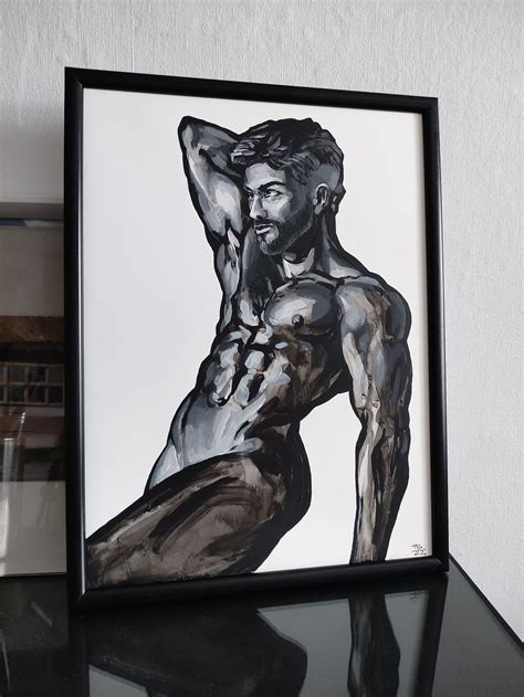 Muscular Male Nude Figure Original Acrylic Painting Erotic Man Gay Art 40x30 Cm Acrylic On Pp
