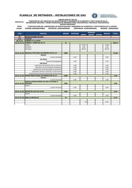 Planilla De Metrados De Instalaciones De Gas Excel Hf Ingenieros