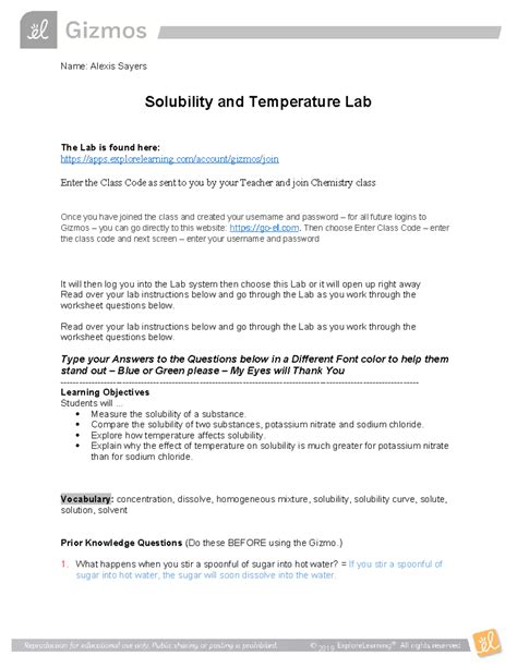 Solubility Temperature Lab - Name: Alexis Sayers Solubility and Temperature Lab The Lab is found