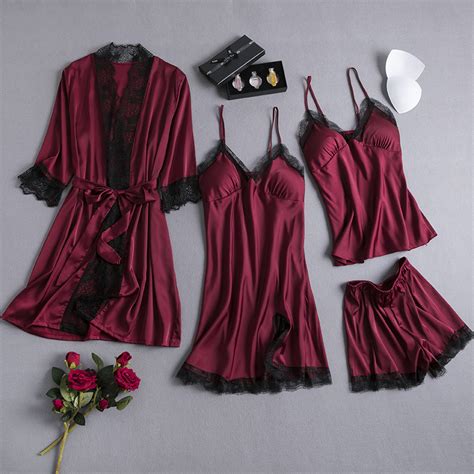 Pieces Sexy Embroidered Lace Silk Sleepwear Padded Satin Lingerie Bath Robe China Women