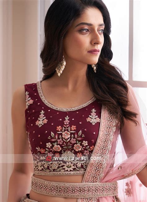 Shaded Wine Net Embroidered Wedding Lehenga Choli