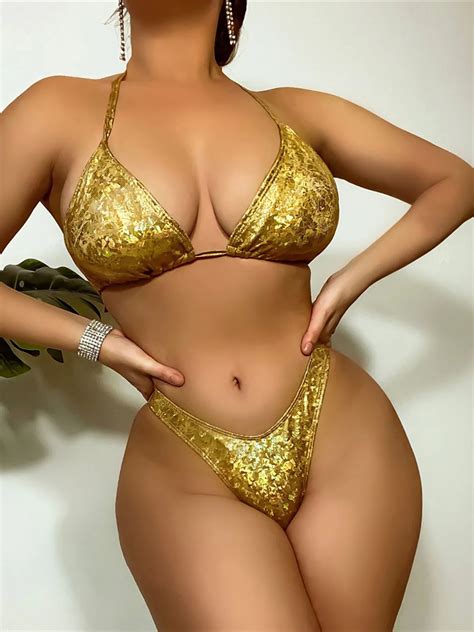 Shiny Halter High Leg Cut Brazilian Bikini Female Swimsuit Women Swimwear Two Pieces Bikini Set