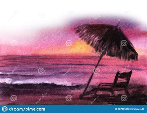 Aquarelle Paysage Serein Sunset Cramoisi Lilas Et Le Rivage Vide Et Aux