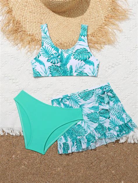 3pcs Set Random Tropical Print Bikini Set For Tween Girls Summer Beach SHEIN Singapore