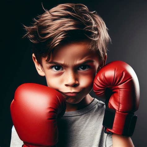 Niño enojado con guantes de boxeo rojos expresión sonriente segura