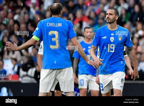 Giorgio Chiellini And Leonardo Bonucci Of Italy React During The