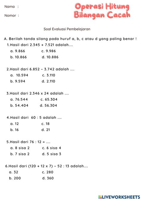 Penilaian Operasi Hitung Bilangan Cacah Worksheet Live Worksheets