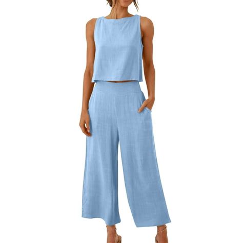 Uppada 2 Piece Linen Set For Women Lounge Matching Sets Ruffle Crop Tank Top Long Pants With