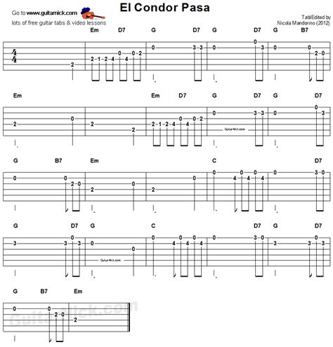 El Condor Pasa Easy Guitar TAB Chords GuitarNick Guitar Tabs