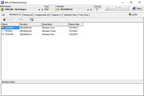 Bills Of Manufacturing Revisions Tab