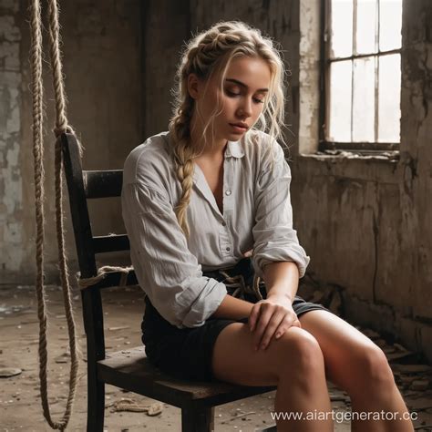 Rescued Blonde Girl Tied Up In Abandoned Building AI Art Generator