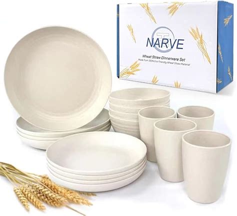 Wheat Straw Dinnerware Sets 16pcs Beige Unbreakable Microwave Safe Lightweight Bowls Cups