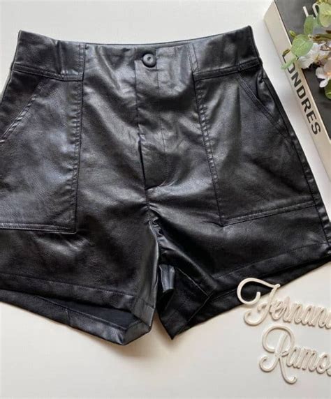 Short Feminino Couro Eco Mari Preto Fernanda Ramos Store