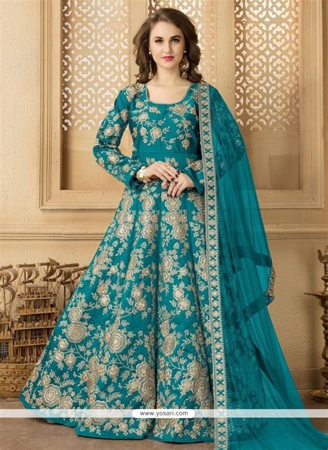 Buy Teal Tafeta Silk Floor Length Anarkali Suit Anarkali Suits