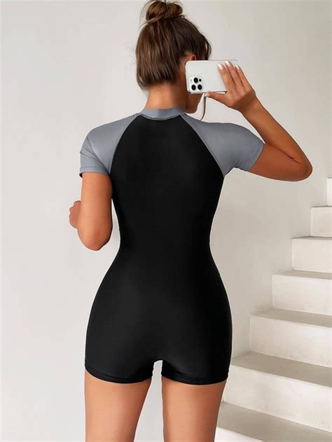 Colorblock Zipper Front One Piece Swimsuit Shein Usa