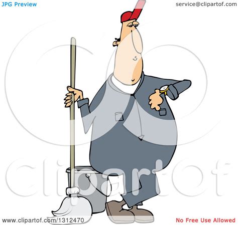 Clipart Of A Cartoon White Male Custodian Janitor Checking His Watch