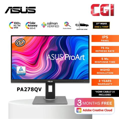 Asus Proart Display 27 Pa278qv Wqhd Ips 75hz Adaptive Sync 100 Srgb Calman Verified