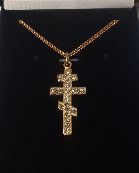 3 Bar Orthodox Cross Sterling Silver With Gold Overlay Clear Crystals Wchain