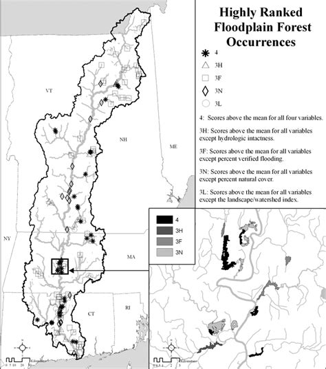 Map of the Connecticut River Watershed showing highly ranked floodplain ...