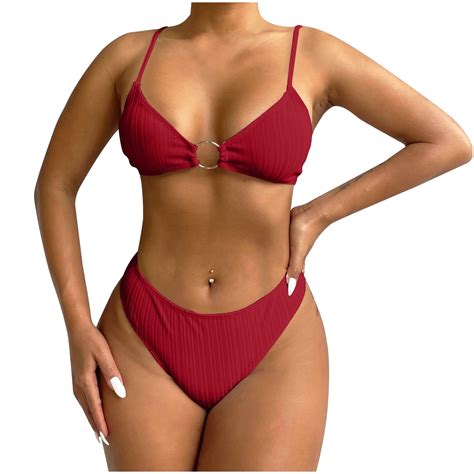 Wreesh Womens Two Piece Swimsuit Metal Ring Bikini Set High Cut Bikini