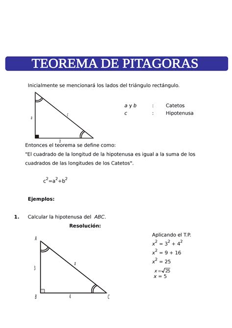 Ejercicios Del Teorema De Pitagoras Para Sexto De Primaria