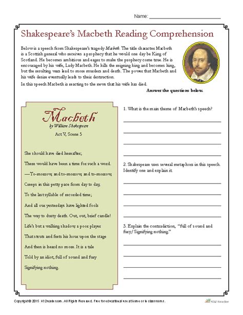 Shakespeares Macbeth Reading Comprehension Worksheet Reading