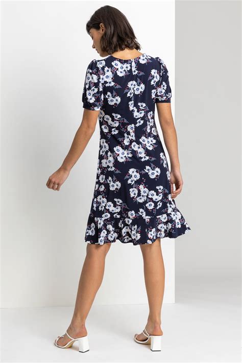 Floral Print Frill Hem Tea Dress In Navy Roman Originals UK