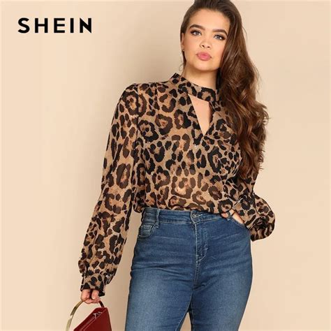 Buy Shein Plus Size Cut Out V Neck Sexy Semi Sheer Leopard Print Blouses Women