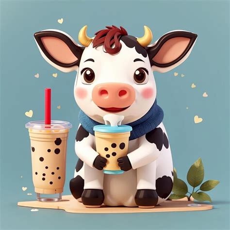 Cute Cow Drinking Boba Milk Tea With Milk Cartoon Vector Icon