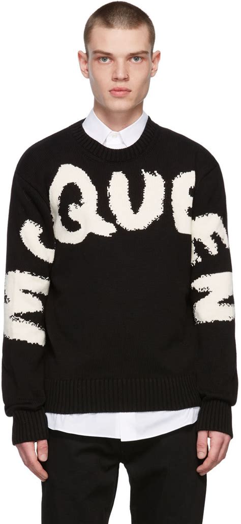 Alexander McQueen Black WhiteGraffiti Knit Crewneck Sweater Alexander