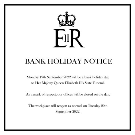 National Bank Holiday Office Closure Notice 19 September 2022